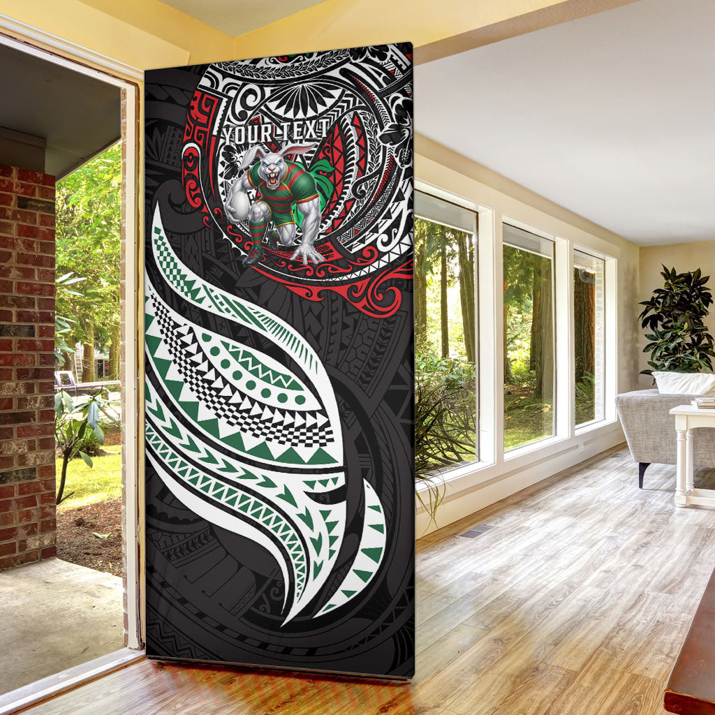 Personalised South Sydney Rabbitohs Door Cover Polynesian Tribal Art Style With Powerful Rabbit Mascot