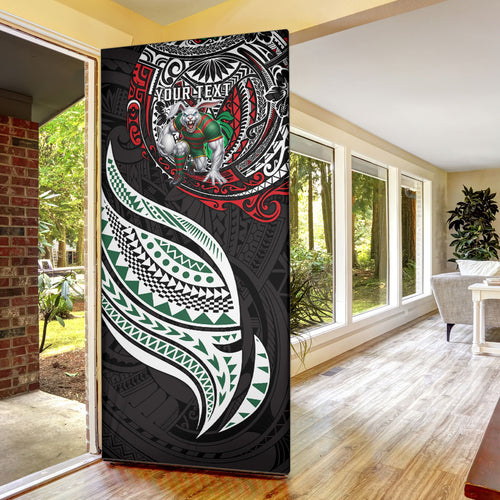 Personalised South Sydney Rabbitohs Door Cover Polynesian Tribal Art Style With Powerful Rabbit Mascot