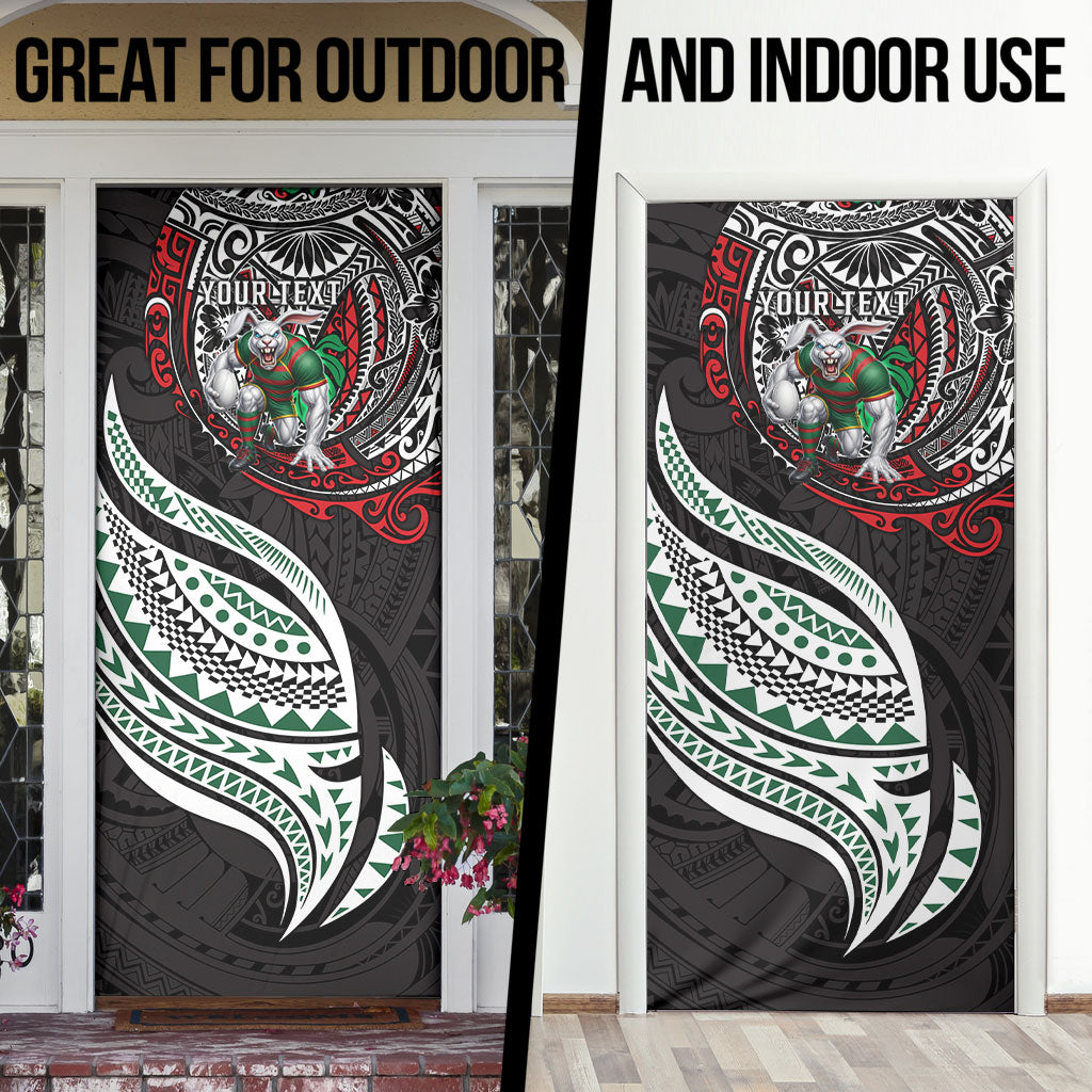 Personalised South Sydney Rabbitohs Door Cover Polynesian Tribal Art Style With Powerful Rabbit Mascot