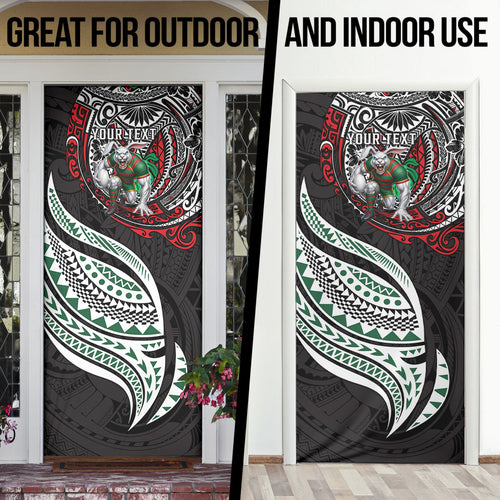 Personalised South Sydney Rabbitohs Door Cover Polynesian Tribal Art Style With Powerful Rabbit Mascot