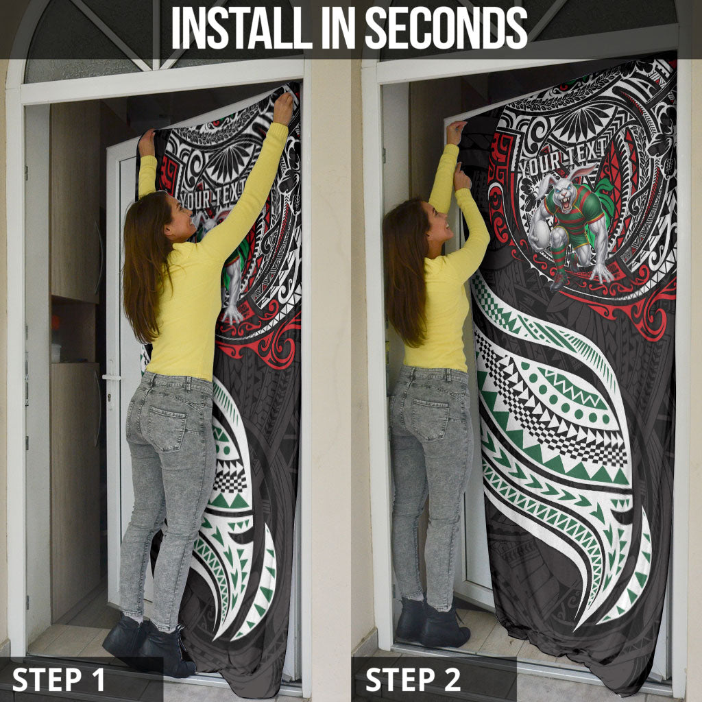 Personalised South Sydney Rabbitohs Door Cover Polynesian Tribal Art Style With Powerful Rabbit Mascot