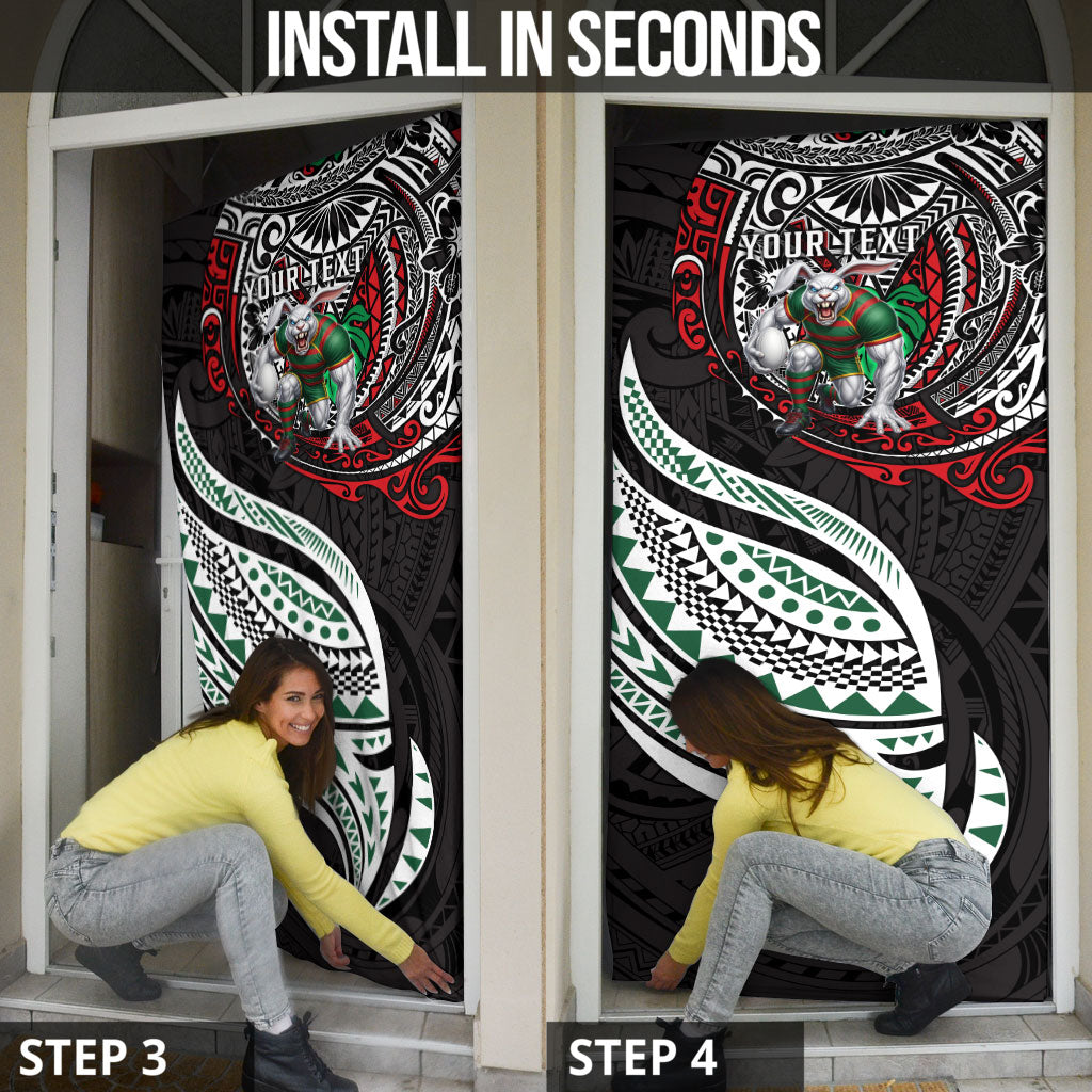Personalised South Sydney Rabbitohs Door Cover Polynesian Tribal Art Style With Powerful Rabbit Mascot