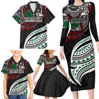 Personalised South Sydney Rabbitohs Family Matching Long Sleeve Bodycon Dress and Hawaiian Shirt Polynesian Tribal Art Style With Powerful Rabbit Mascot