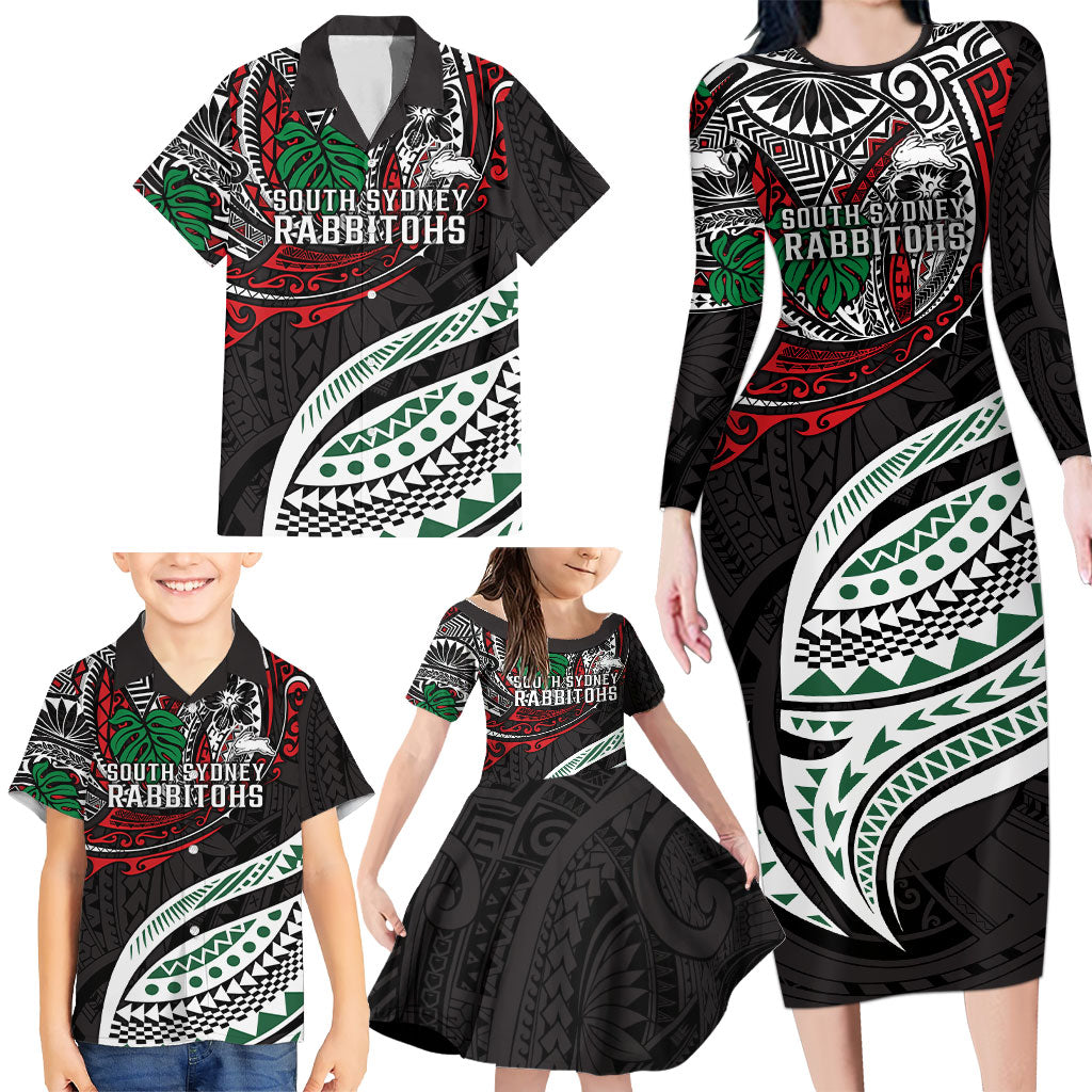 Personalised South Sydney Rabbitohs Family Matching Long Sleeve Bodycon Dress and Hawaiian Shirt Polynesian Tribal Art Style With Powerful Rabbit Mascot