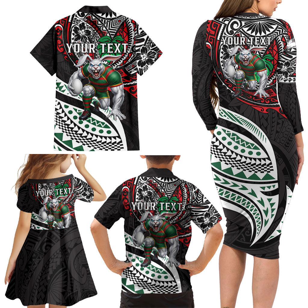 Personalised South Sydney Rabbitohs Family Matching Long Sleeve Bodycon Dress and Hawaiian Shirt Polynesian Tribal Art Style With Powerful Rabbit Mascot