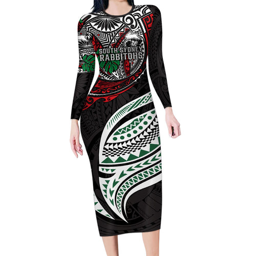 Personalised South Sydney Rabbitohs Family Matching Long Sleeve Bodycon Dress and Hawaiian Shirt Polynesian Tribal Art Style With Powerful Rabbit Mascot