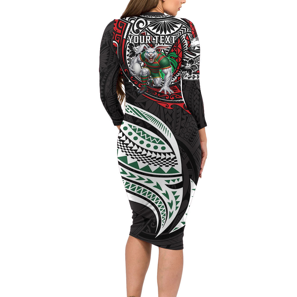 Personalised South Sydney Rabbitohs Family Matching Long Sleeve Bodycon Dress and Hawaiian Shirt Polynesian Tribal Art Style With Powerful Rabbit Mascot