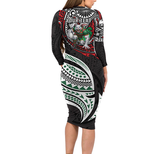 Personalised South Sydney Rabbitohs Family Matching Long Sleeve Bodycon Dress and Hawaiian Shirt Polynesian Tribal Art Style With Powerful Rabbit Mascot