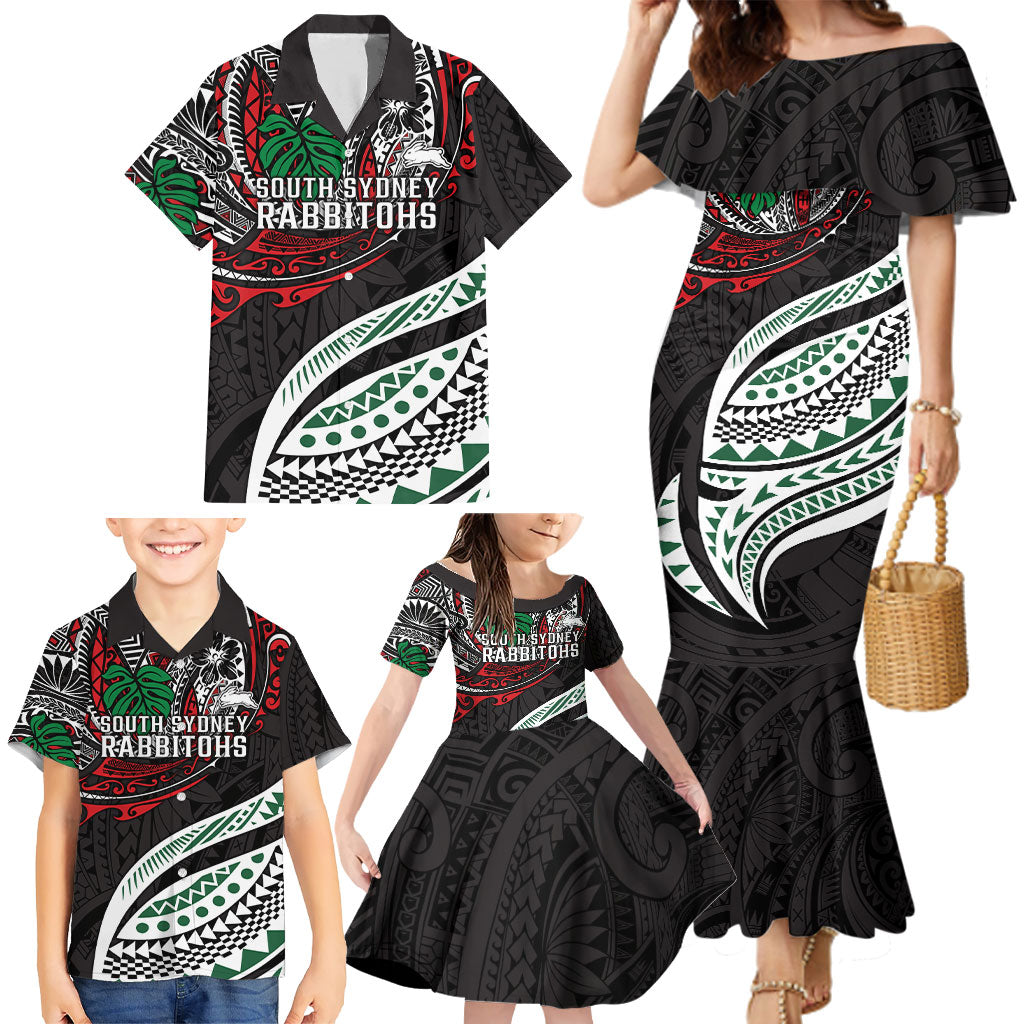 Personalised South Sydney Rabbitohs Family Matching Mermaid Dress and Hawaiian Shirt Polynesian Tribal Art Style With Powerful Rabbit Mascot