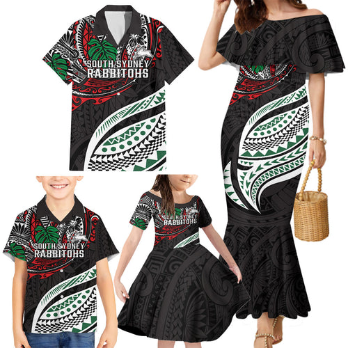 Personalised South Sydney Rabbitohs Family Matching Mermaid Dress and Hawaiian Shirt Polynesian Tribal Art Style With Powerful Rabbit Mascot