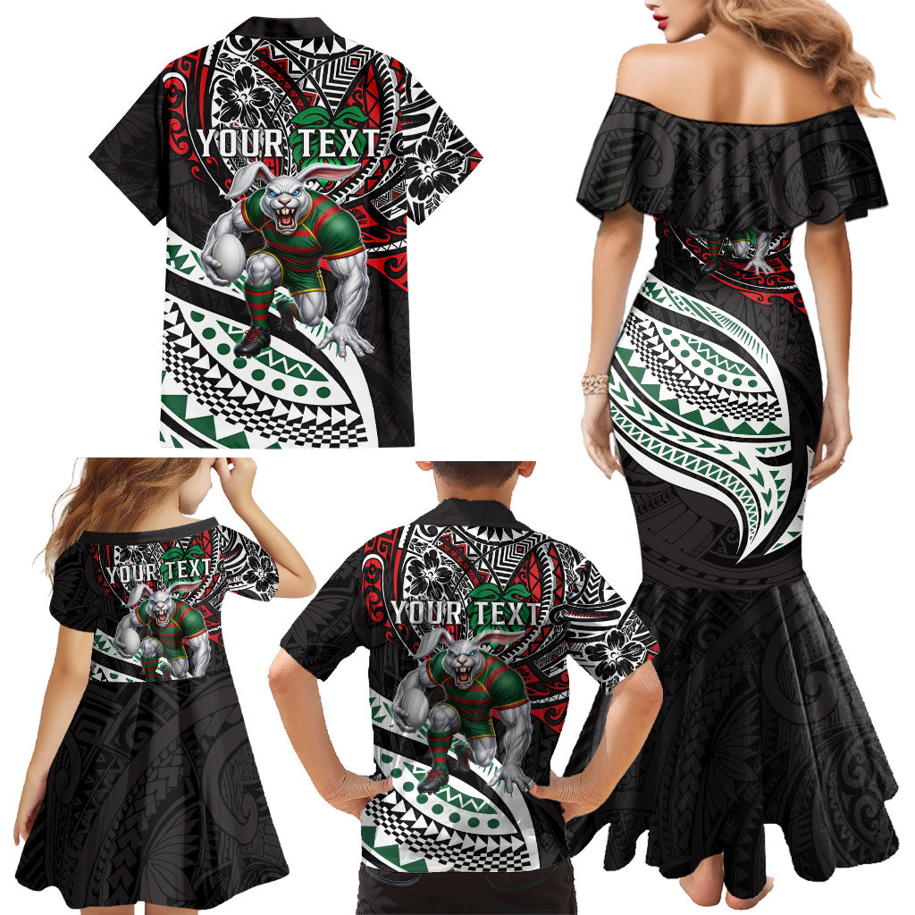 Personalised South Sydney Rabbitohs Family Matching Mermaid Dress and Hawaiian Shirt Polynesian Tribal Art Style With Powerful Rabbit Mascot