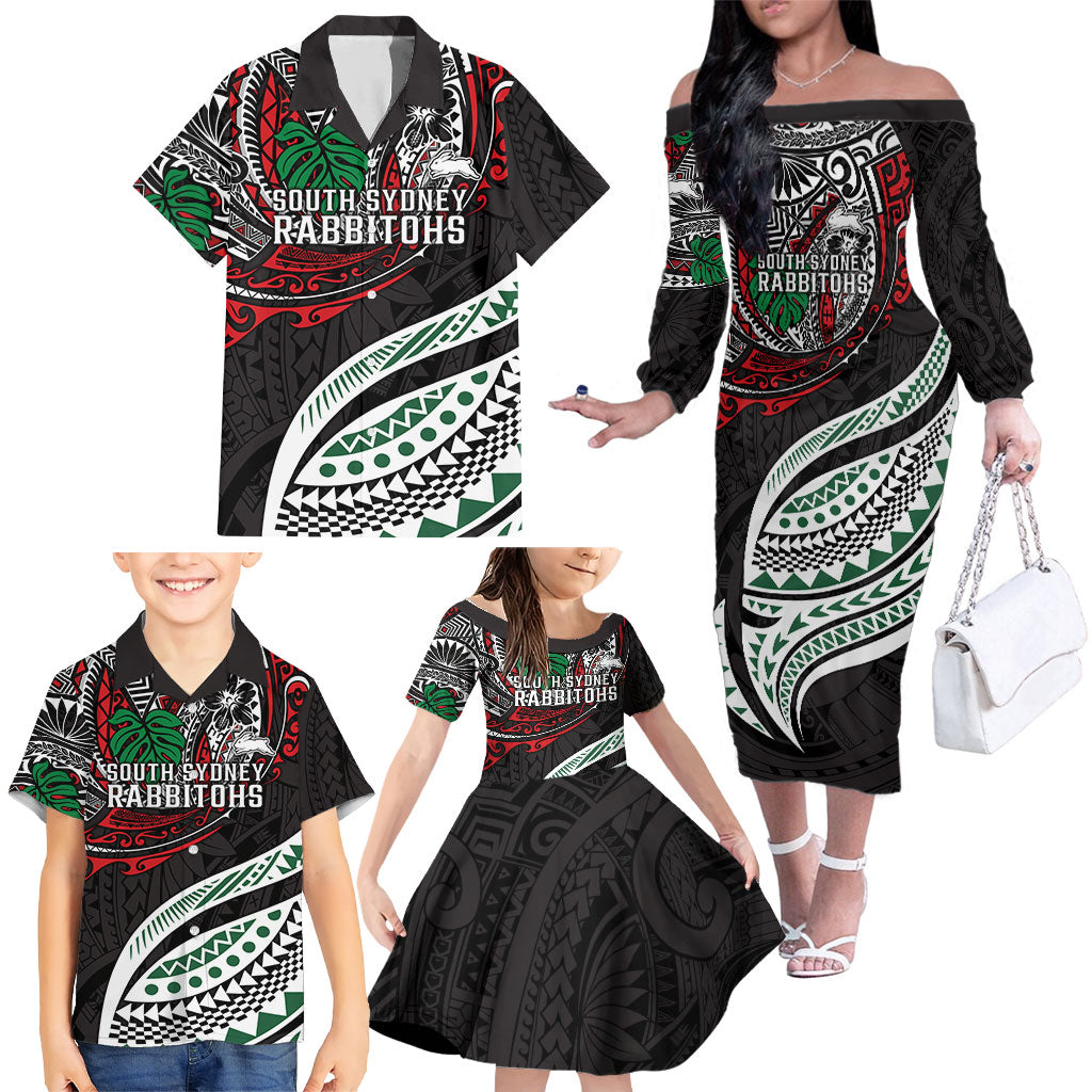 Personalised South Sydney Rabbitohs Family Matching Off The Shoulder Long Sleeve Dress and Hawaiian Shirt Polynesian Tribal Art Style With Powerful Rabbit Mascot