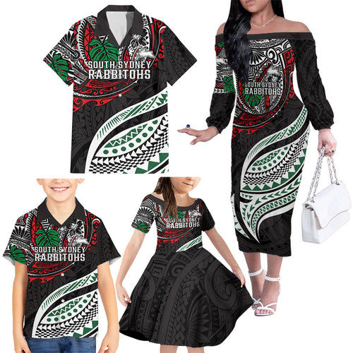 Personalised South Sydney Rabbitohs Family Matching Off The Shoulder Long Sleeve Dress and Hawaiian Shirt Polynesian Tribal Art Style With Powerful Rabbit Mascot