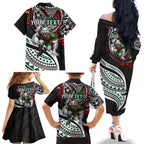 Personalised South Sydney Rabbitohs Family Matching Off The Shoulder Long Sleeve Dress and Hawaiian Shirt Polynesian Tribal Art Style With Powerful Rabbit Mascot