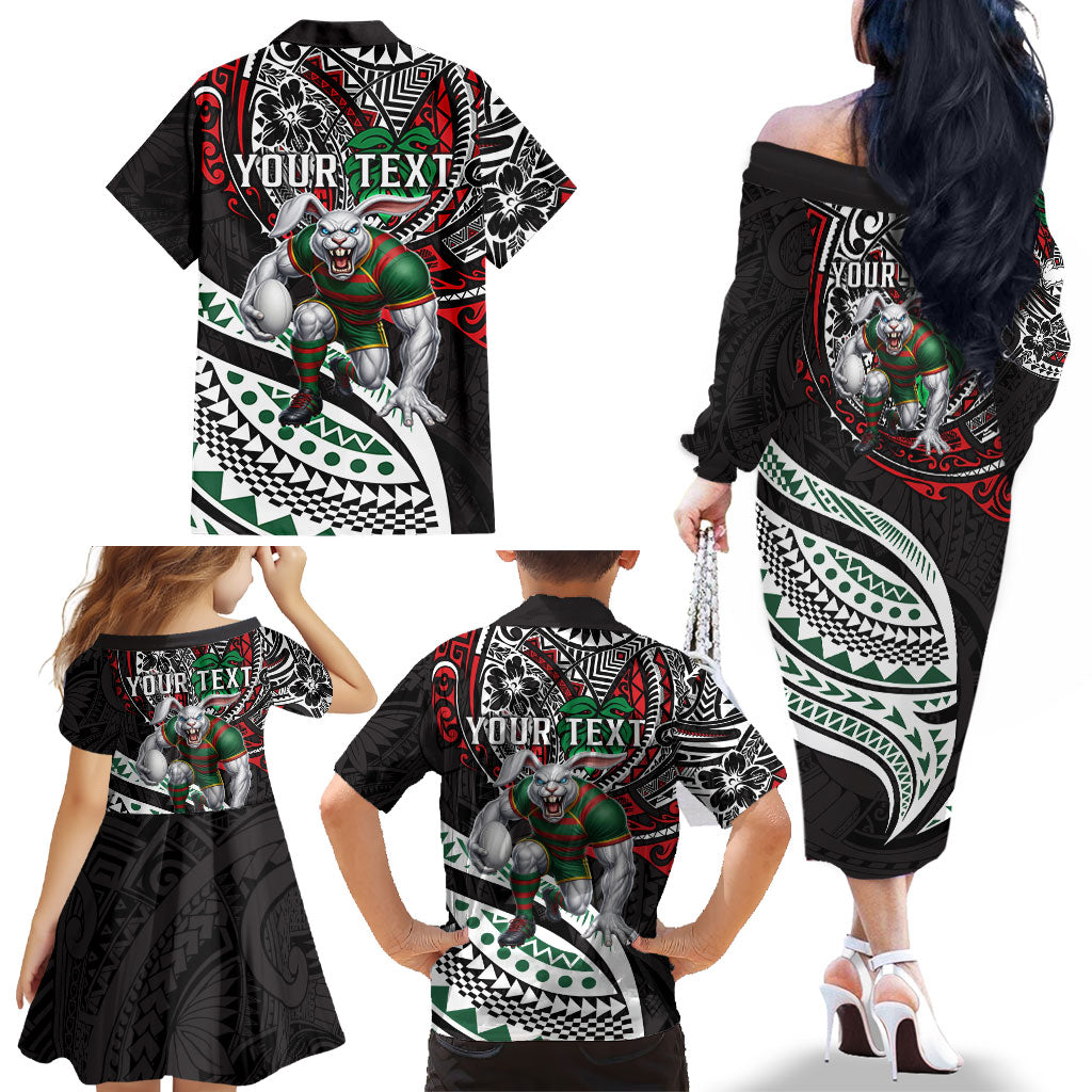 Personalised South Sydney Rabbitohs Family Matching Off The Shoulder Long Sleeve Dress and Hawaiian Shirt Polynesian Tribal Art Style With Powerful Rabbit Mascot