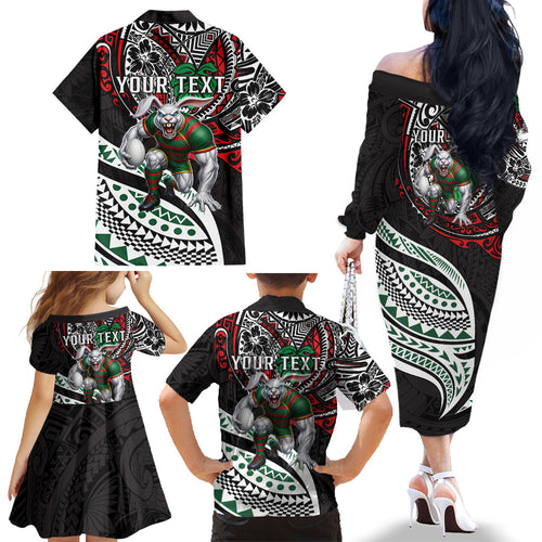 Personalised South Sydney Rabbitohs Family Matching Off The Shoulder Long Sleeve Dress and Hawaiian Shirt Polynesian Tribal Art Style With Powerful Rabbit Mascot