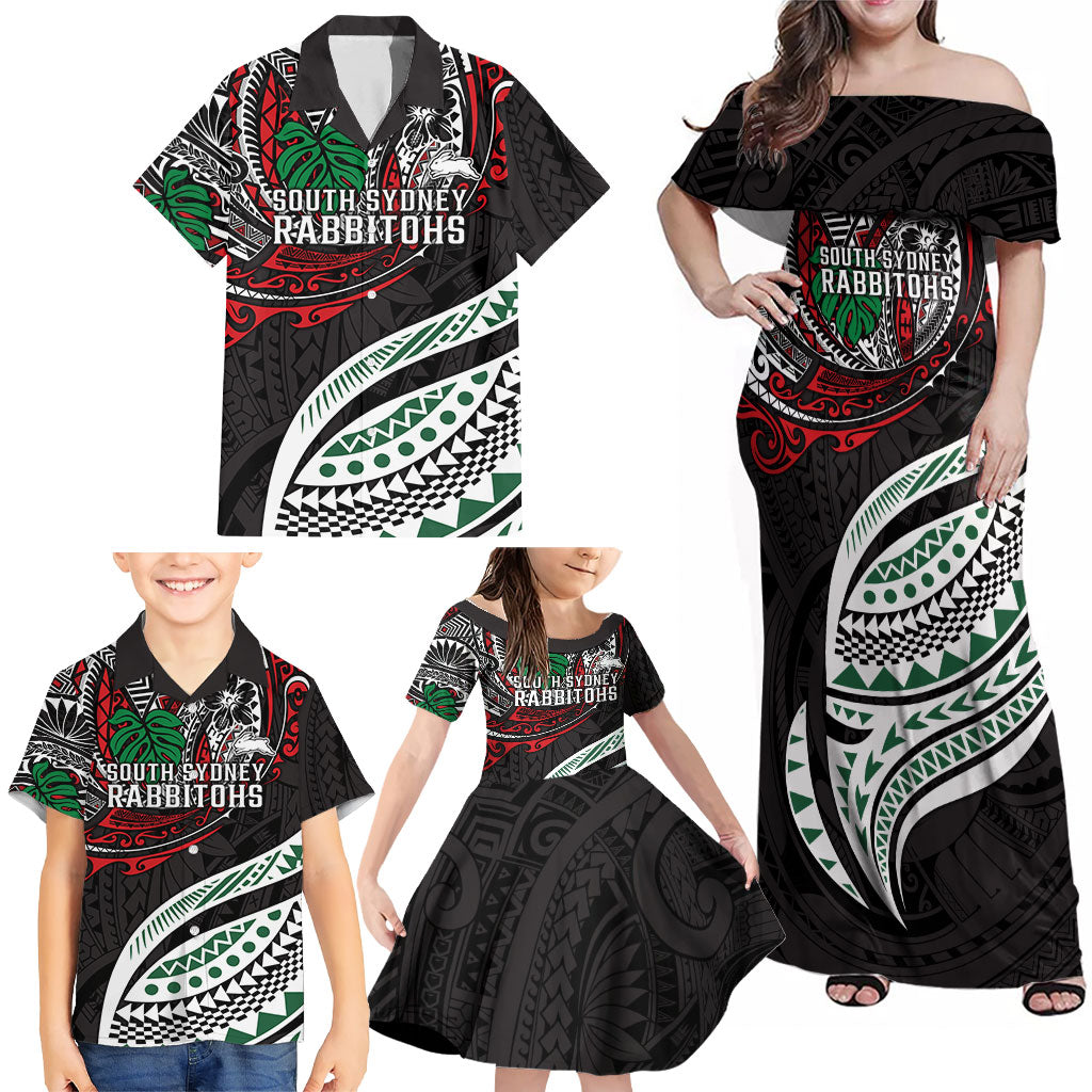 Personalised South Sydney Rabbitohs Family Matching Off Shoulder Maxi Dress and Hawaiian Shirt Polynesian Tribal Art Style With Powerful Rabbit Mascot