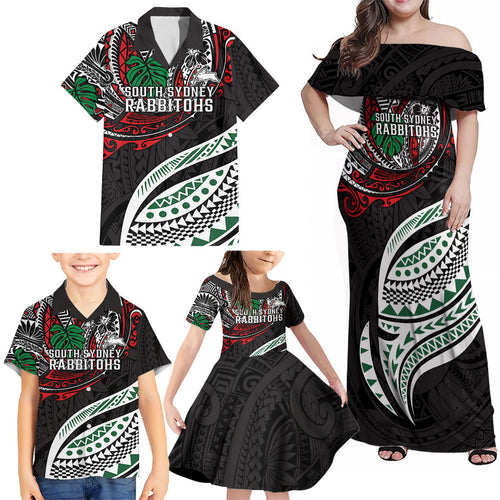 Personalised South Sydney Rabbitohs Family Matching Off Shoulder Maxi Dress and Hawaiian Shirt Polynesian Tribal Art Style With Powerful Rabbit Mascot