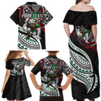 Personalised South Sydney Rabbitohs Family Matching Off Shoulder Maxi Dress and Hawaiian Shirt Polynesian Tribal Art Style With Powerful Rabbit Mascot