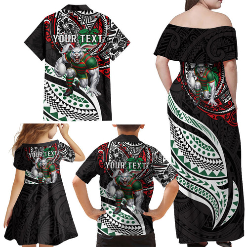Personalised South Sydney Rabbitohs Family Matching Off Shoulder Maxi Dress and Hawaiian Shirt Polynesian Tribal Art Style With Powerful Rabbit Mascot