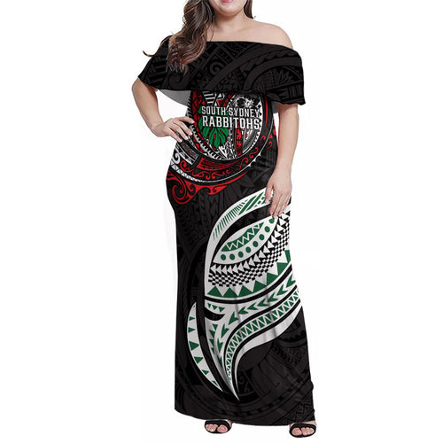 Personalised South Sydney Rabbitohs Family Matching Off Shoulder Maxi Dress and Hawaiian Shirt Polynesian Tribal Art Style With Powerful Rabbit Mascot