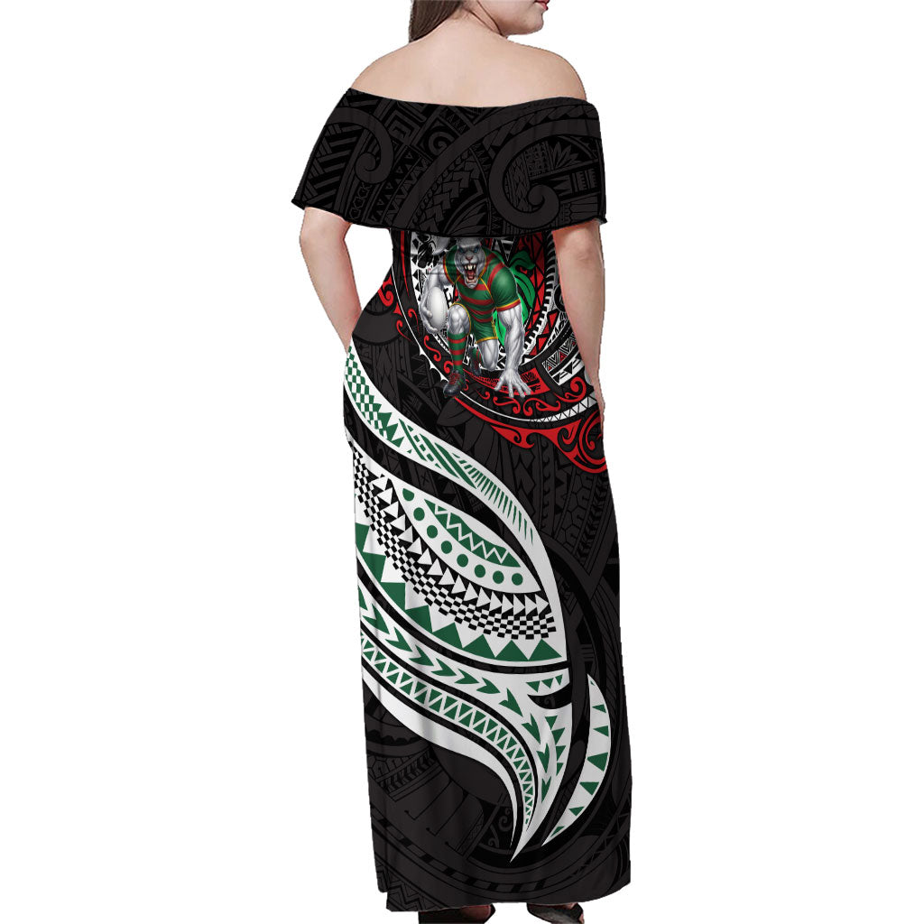 Personalised South Sydney Rabbitohs Family Matching Off Shoulder Maxi Dress and Hawaiian Shirt Polynesian Tribal Art Style With Powerful Rabbit Mascot