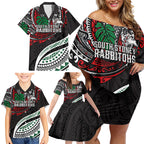 Personalised South Sydney Rabbitohs Family Matching Off Shoulder Short Dress and Hawaiian Shirt Polynesian Tribal Art Style With Powerful Rabbit Mascot