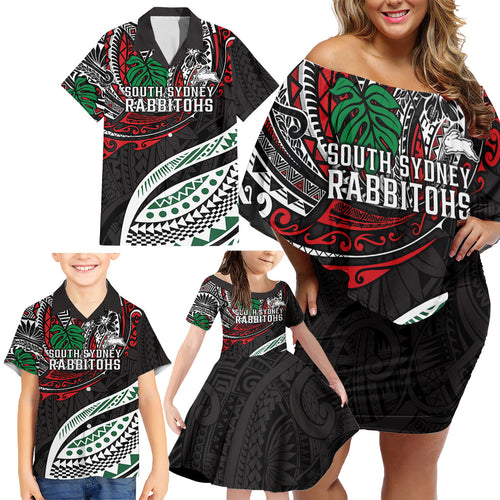 Personalised South Sydney Rabbitohs Family Matching Off Shoulder Short Dress and Hawaiian Shirt Polynesian Tribal Art Style With Powerful Rabbit Mascot