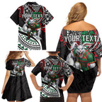Personalised South Sydney Rabbitohs Family Matching Off Shoulder Short Dress and Hawaiian Shirt Polynesian Tribal Art Style With Powerful Rabbit Mascot
