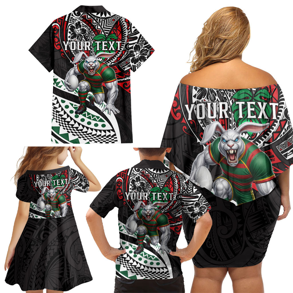 Personalised South Sydney Rabbitohs Family Matching Off Shoulder Short Dress and Hawaiian Shirt Polynesian Tribal Art Style With Powerful Rabbit Mascot