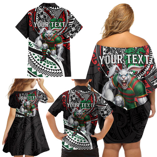 Personalised South Sydney Rabbitohs Family Matching Off Shoulder Short Dress and Hawaiian Shirt Polynesian Tribal Art Style With Powerful Rabbit Mascot