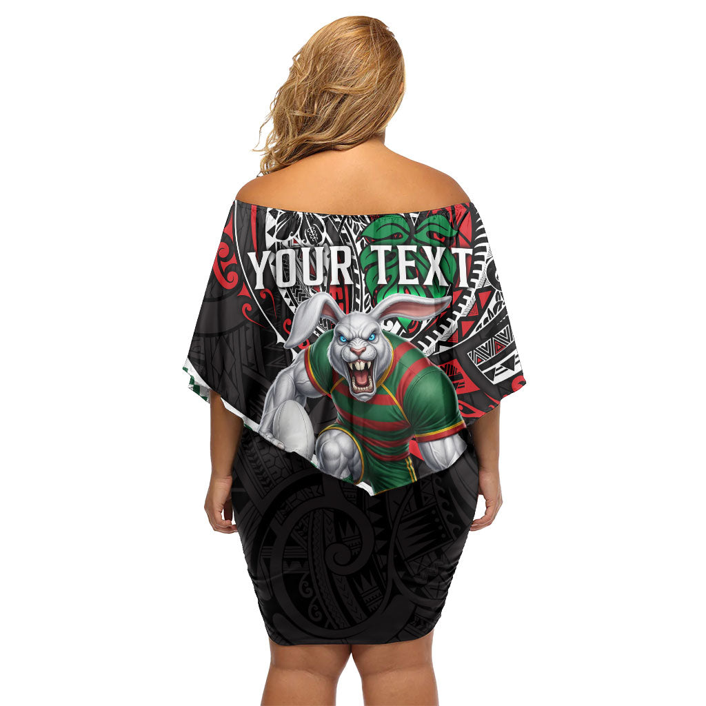 Personalised South Sydney Rabbitohs Family Matching Off Shoulder Short Dress and Hawaiian Shirt Polynesian Tribal Art Style With Powerful Rabbit Mascot