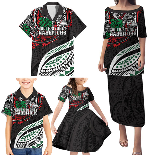 Personalised South Sydney Rabbitohs Family Matching Puletasi and Hawaiian Shirt Polynesian Tribal Art Style With Powerful Rabbit Mascot