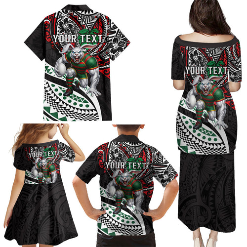 Personalised South Sydney Rabbitohs Family Matching Puletasi and Hawaiian Shirt Polynesian Tribal Art Style With Powerful Rabbit Mascot