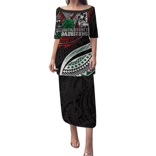 Personalised South Sydney Rabbitohs Family Matching Puletasi and Hawaiian Shirt Polynesian Tribal Art Style With Powerful Rabbit Mascot