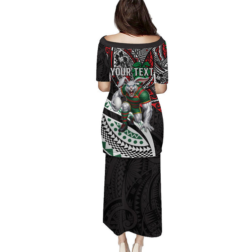 Personalised South Sydney Rabbitohs Family Matching Puletasi and Hawaiian Shirt Polynesian Tribal Art Style With Powerful Rabbit Mascot