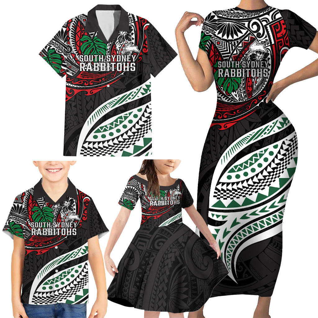 Personalised South Sydney Rabbitohs Family Matching Short Sleeve Bodycon Dress and Hawaiian Shirt Polynesian Tribal Art Style With Powerful Rabbit Mascot