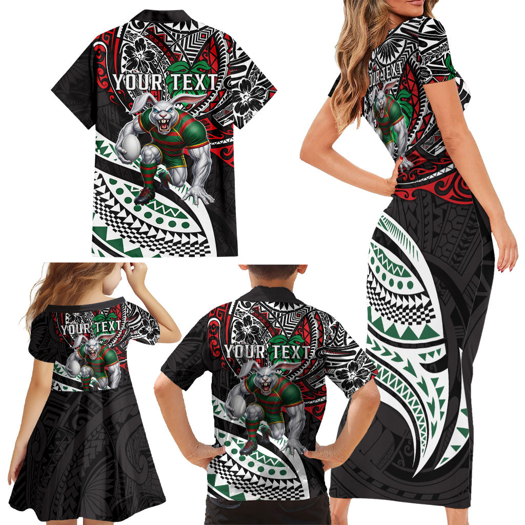 Personalised South Sydney Rabbitohs Family Matching Short Sleeve Bodycon Dress and Hawaiian Shirt Polynesian Tribal Art Style With Powerful Rabbit Mascot