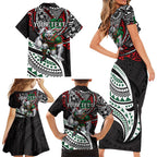 Personalised South Sydney Rabbitohs Family Matching Short Sleeve Bodycon Dress and Hawaiian Shirt Polynesian Tribal Art Style With Powerful Rabbit Mascot