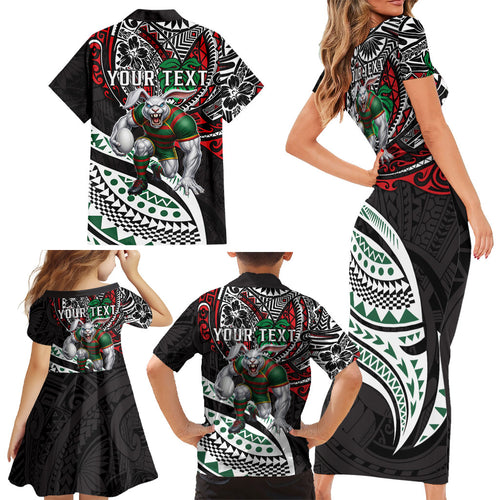 Personalised South Sydney Rabbitohs Family Matching Short Sleeve Bodycon Dress and Hawaiian Shirt Polynesian Tribal Art Style With Powerful Rabbit Mascot