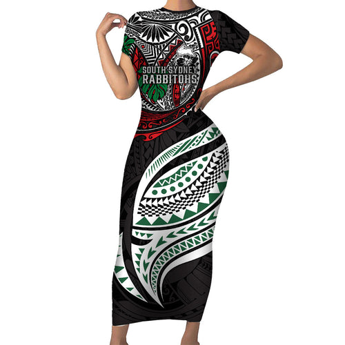 Personalised South Sydney Rabbitohs Family Matching Short Sleeve Bodycon Dress and Hawaiian Shirt Polynesian Tribal Art Style With Powerful Rabbit Mascot