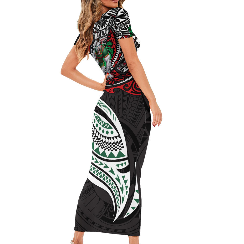 Personalised South Sydney Rabbitohs Family Matching Short Sleeve Bodycon Dress and Hawaiian Shirt Polynesian Tribal Art Style With Powerful Rabbit Mascot