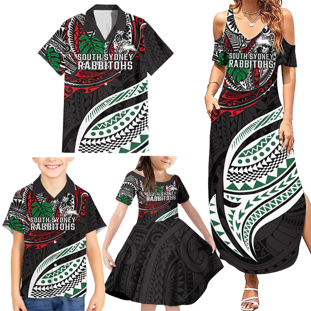 Personalised South Sydney Rabbitohs Family Matching Summer Maxi Dress and Hawaiian Shirt Polynesian Tribal Art Style With Powerful Rabbit Mascot