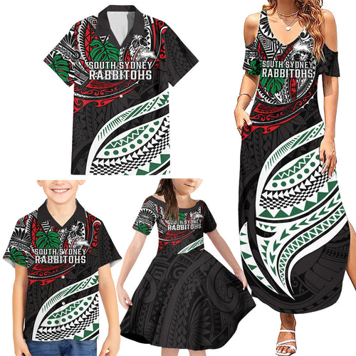 Personalised South Sydney Rabbitohs Family Matching Summer Maxi Dress and Hawaiian Shirt Polynesian Tribal Art Style With Powerful Rabbit Mascot