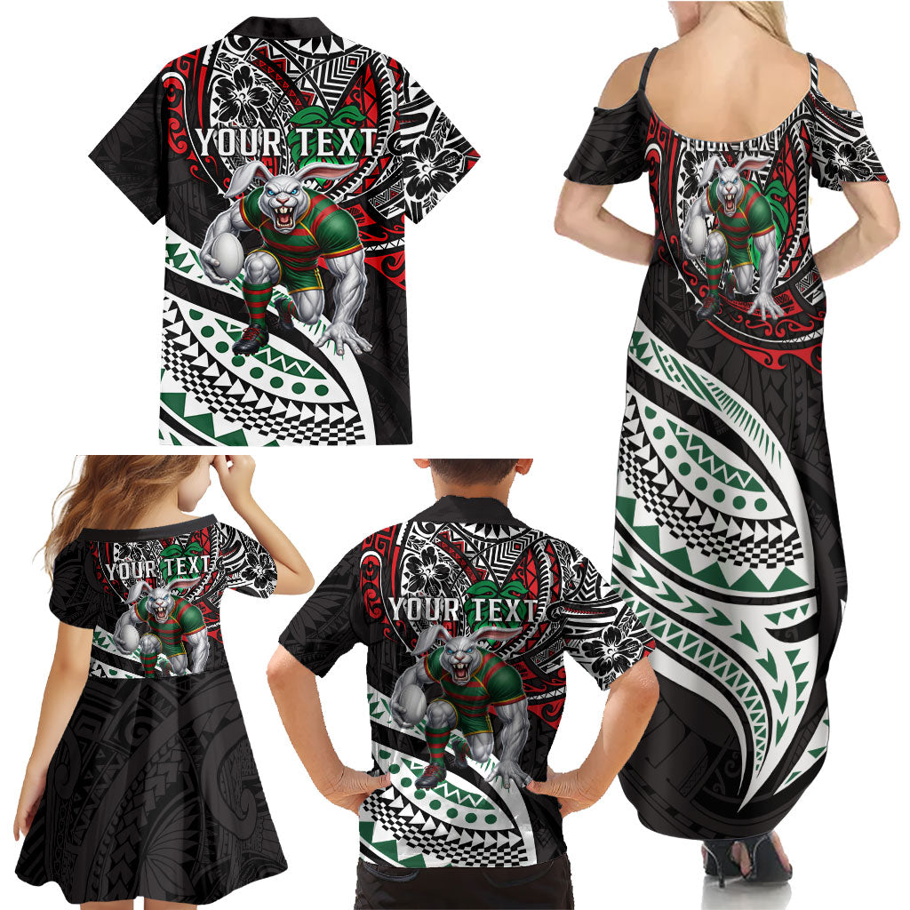 Personalised South Sydney Rabbitohs Family Matching Summer Maxi Dress and Hawaiian Shirt Polynesian Tribal Art Style With Powerful Rabbit Mascot