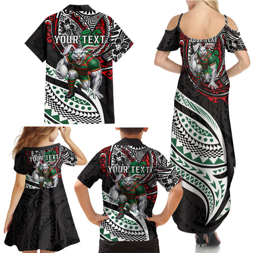 Personalised South Sydney Rabbitohs Family Matching Summer Maxi Dress and Hawaiian Shirt Polynesian Tribal Art Style With Powerful Rabbit Mascot