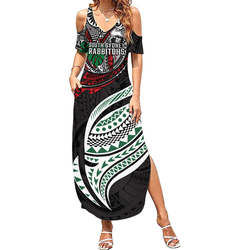 Personalised South Sydney Rabbitohs Family Matching Summer Maxi Dress and Hawaiian Shirt Polynesian Tribal Art Style With Powerful Rabbit Mascot