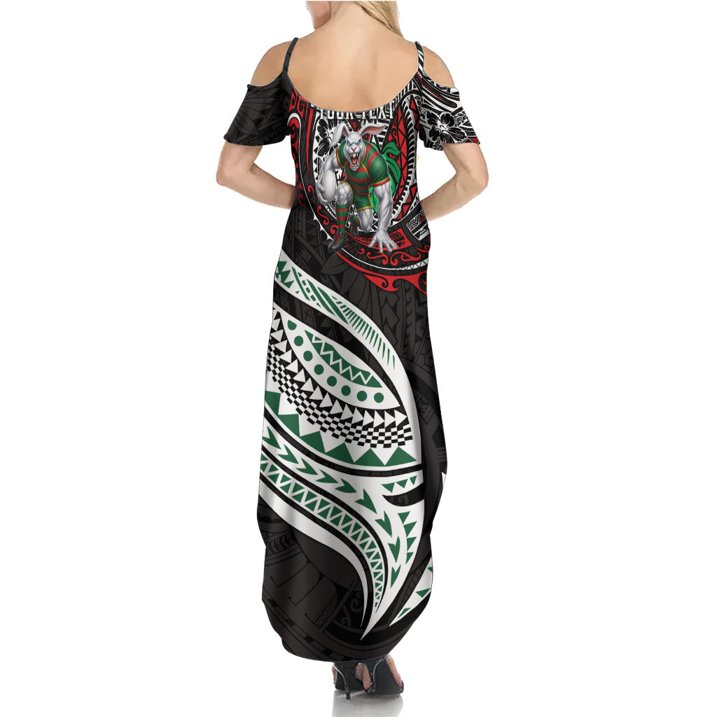 Personalised South Sydney Rabbitohs Family Matching Summer Maxi Dress and Hawaiian Shirt Polynesian Tribal Art Style With Powerful Rabbit Mascot