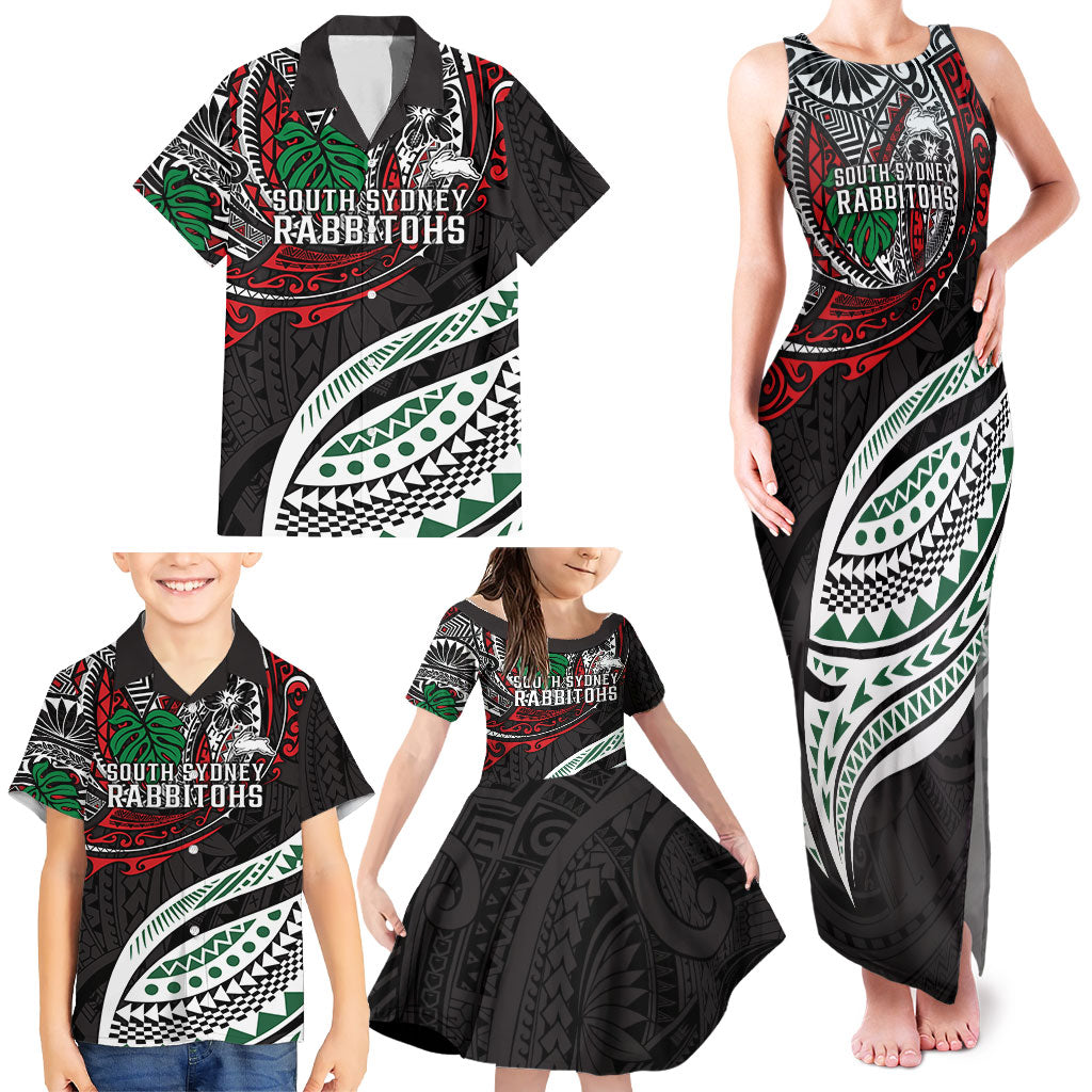 Personalised South Sydney Rabbitohs Family Matching Tank Maxi Dress and Hawaiian Shirt Polynesian Tribal Art Style With Powerful Rabbit Mascot