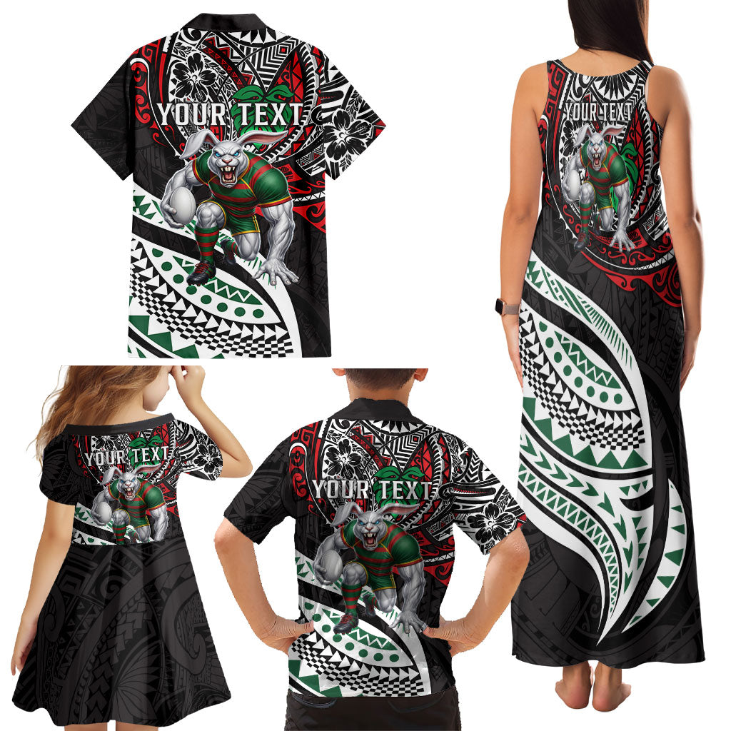 Personalised South Sydney Rabbitohs Family Matching Tank Maxi Dress and Hawaiian Shirt Polynesian Tribal Art Style With Powerful Rabbit Mascot